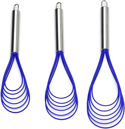 Flat Whisk Set,Stainless Steel 3 Pack 10''+11''+12'' Premium Sturdy-6 Silicone Heads Non Stick Wires Whisk for Blending Beating Stirring Kitchen Cooking by Jell-Cell (Blue) by Jell-Cell