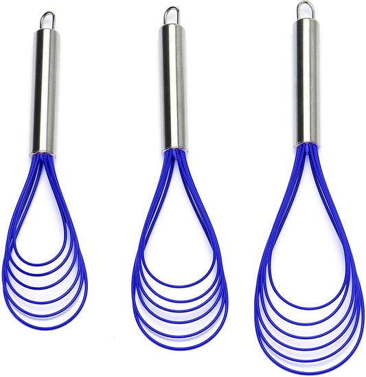 Flat Whisk Set,Stainless Steel 3 Pack 10''+11''+12'' Premium Sturdy-6 Silicone Heads Non Stick Wires Whisk for Blending Beating Stirring Kitchen Cooking by Jell-Cell (Blue) by Jell-Cell