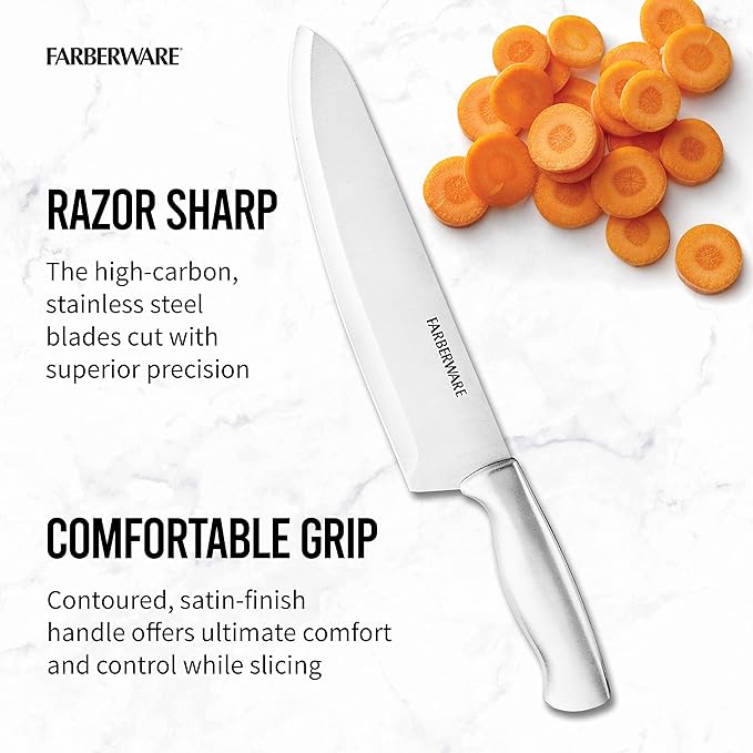Farberware 15-Piece Kitchen Knife Set, High-Carbon Stainless Steel Blades with Wood Block, Steak Knives, Sharpening Tool & All-Purpose Shears, Razor Sharp, Ergonomic Stainless Steel Handles - Image 3