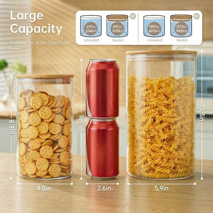 HomArtist Extra Large Glass Flour and Sugar Storage Containers with Airtight Lid,132 floz x1 & 65 floz x1 [Set of 2] Big Glass Jars with Bamboo Lids, Air Tight Food Jar for Cereal, Pasta, Rice, Coffee - Image 3