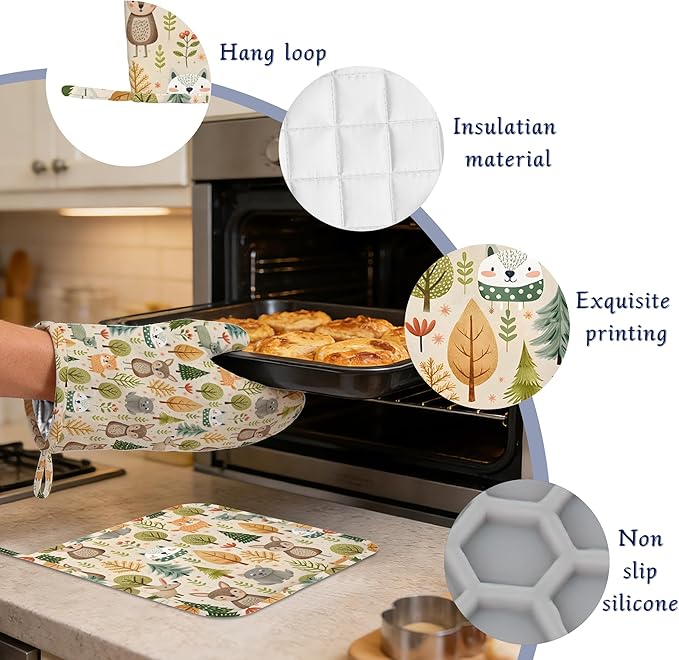 Cute Animals Oven Mitts and Pot Holders Fall Trees Leaves Silicone Kitchen Accessories Set of 4 Heat Resistant Non-Slip Long Gloves Potholder for Chef Cooking Baking Gifts Women Men