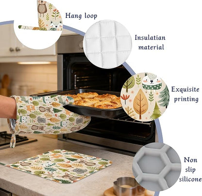 Cute Animals Oven Mitts and Pot Holders Fall Trees Leaves Silicone Kitchen Accessories Set of 4 Heat Resistant Non-Slip Long Gloves Potholder for Chef Cooking Baking Gifts Women Men