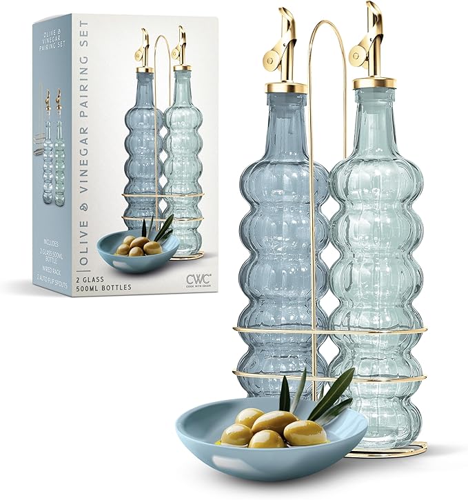 COOK WITH COLOR Glass Olive Oil Bottle Dispenser - 2 Pack- 17oz Oil and Vinegar Cruet - Olive Oil Carafe Decanter for Kitchen, Elegant Waves, Blue by CookwithColor