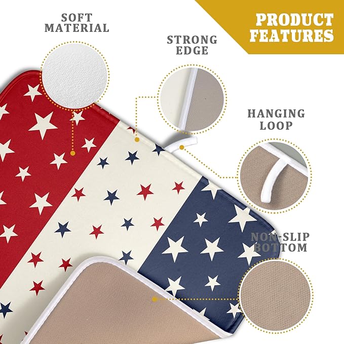 Blue Red White Star July of 4th Patriotic Dish Drying Mat for Kitchen Counter 16x18 Independence Day Absorbent Reversible Microfiber Drying Mats Kitchen Countertop Protector Dishes Drainer Rack Pad - Image 3