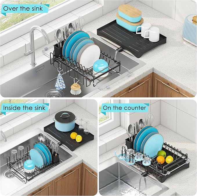 ANTOPY Dish Drying Rack in Sink, Expandable Rustproof Dish Rack for Kitchen Counter, Over The Sink Dish Drainer with Utensil Holder, Cup Rack, Drainboard, Space Saving Dish Dryer Rack for Inside Sink - Image 2