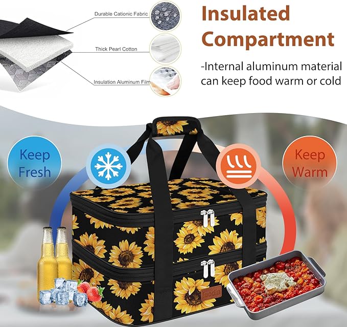 Double Casserole Carrier Bag，Expandable Thermal Food Carrier Insulated Travel Carry Bag for Hot or Cold Food for Picnic Cookouts Potluck Parties Fits 9" x 13" Baking Dish (Sunflower)