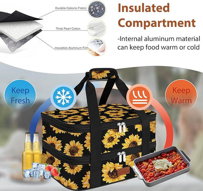 Double Casserole Carrier Bag，Expandable Thermal Food Carrier Insulated Travel Carry Bag for Hot or Cold Food for Picnic Cookouts Potluck Parties Fits 9" x 13" Baking Dish (Sunflower)