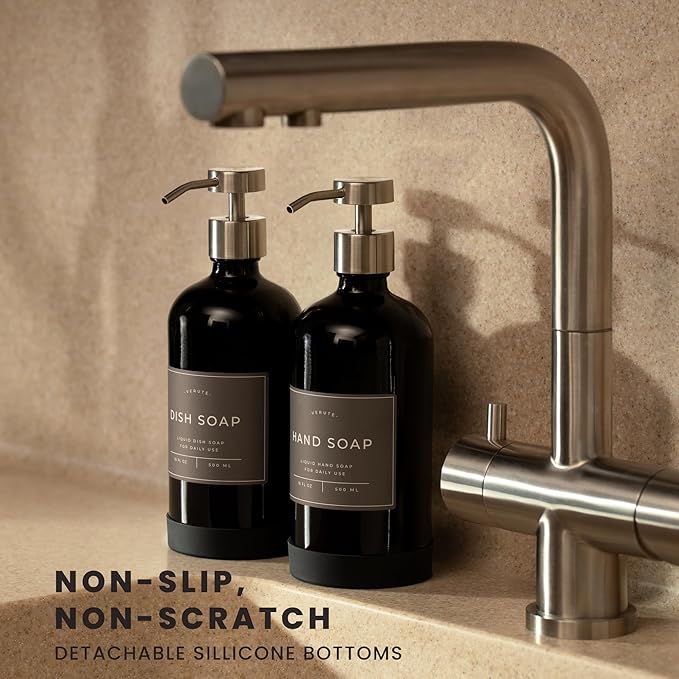 Hand and Dish Soap Dispenser for Kitchen and Bathroom, Set of 2 16 Oz Glass Bottles, Stainless Steel Pumps, Non-Slip Silicone Base, 27 Waterproof Labels (Gloss Black Bottle/Brushed Silver Pump) - Image 2