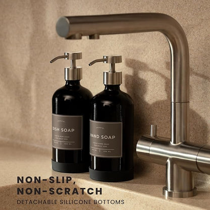 Hand and Dish Soap Dispenser for Kitchen and Bathroom, Set of 2 16 Oz Glass Bottles, Stainless Steel Pumps, Non-Slip Silicone Base, 27 Waterproof Labels (Gloss Black Bottle/Brushed Silver Pump) - Image 2