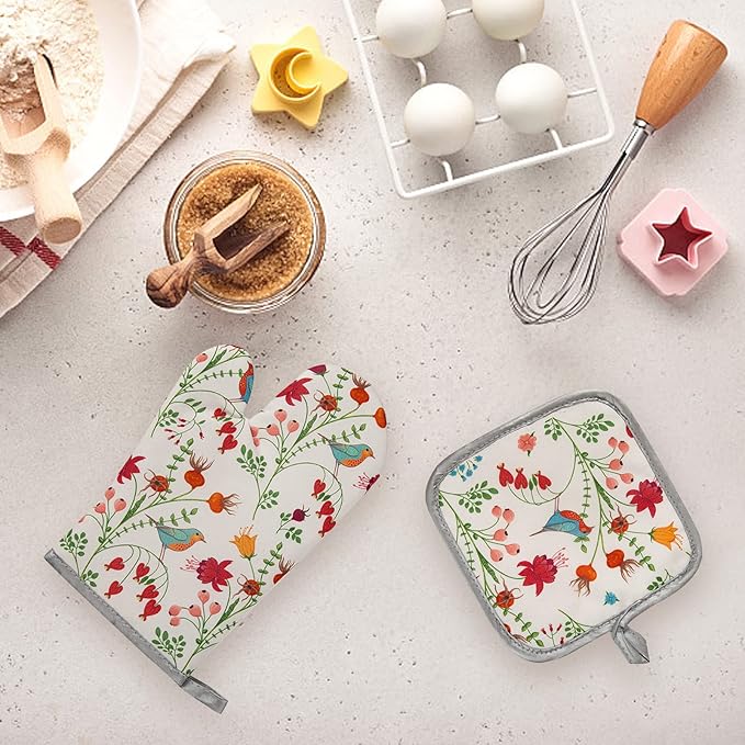 Kitchen Oven Mitts and Pot Holders Sets, Flower Bird Print Oven Gloves and Potholders,Heat-Resistant Oven Gloves and Hot Pads, Kitchen Accessories,Gifts for Women