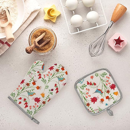 Kitchen Oven Mitts and Pot Holders Sets, Flower Bird Print Oven Gloves and Potholders,Heat-Resistant Oven Gloves and Hot Pads, Kitchen Accessories,Gifts for Women