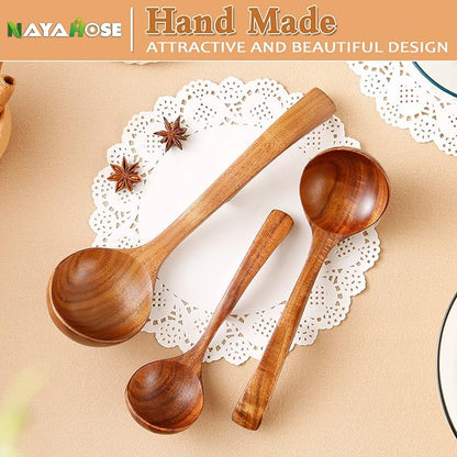 3Pcs Wooden Ladle for Soup, 3Size Natural Teak Wooden Cooking Spoons, Wood Soup Spoon for Serving, Stirring, Non-Stick Heat-Resistant, Kitchen Spoon Sets for Mom and Wife Cooking Gifts