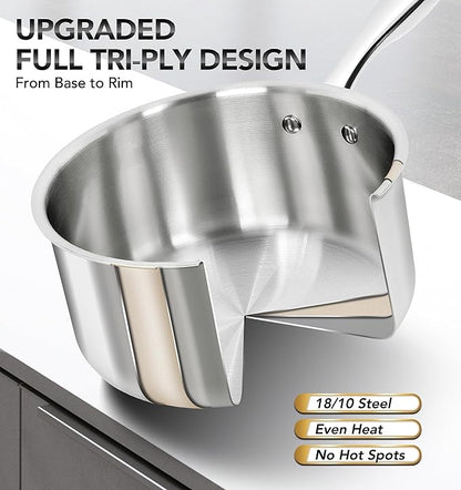 MICHELANGELO Tri-ply Stainless Steel 4 Qt Saucepan with Glass Lid, 4 Quart Pot with No Coating, Even Heating, for All Cooktops & Induction Compatible - Silver - Image 2