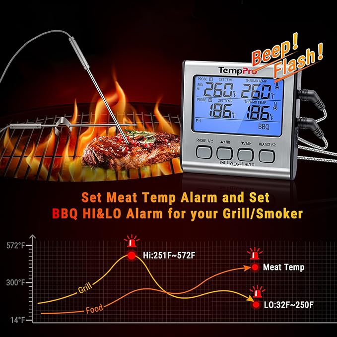 TempPro TP17 Dual Probe Digital Cooking Meat Thermometer Large LCD Backlight Food Grill Thermometer with Timer Mode for Smoker Kitchen Oven BBQ, Silver (Previously ThermoPro) - Image 5