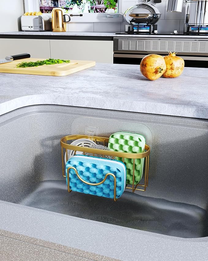 HapiRm Multifunctional Sponge Holder - 2 Installation Methods Sink Caddy with Unique M-shaped, Stainless Steel Kitchen Sink Organizer for Sponge, Brush, Stopper and Scraper - Gold - Image 6