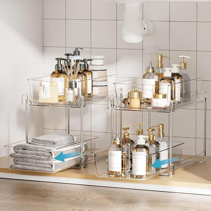Vtopmart 4 Pack Bathroom Organizer, 2 Tier Clear Under Sink Organizers Vanity Countertop Storage Container,Cabinet Drawers Bins, Pull-Out Organization with Track for Pantry, Kitchen - Image 4