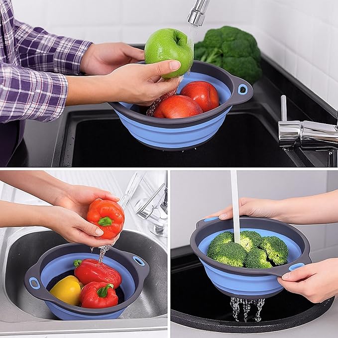 Blue Round Silicone Collapsible Colander – Silicone Round Kitchen Strainers with Plastic Handles Foldable Small Kitchen Strainer Perfect for Draining Pasta Vegetable and Fruit - Image 7