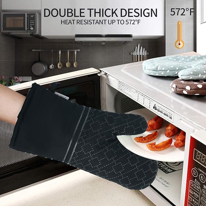 4Pcs Oven Mitts and Pot Holders Set, 572F Heat Resistant Oven Glove, Soft Cotton Lining with Non-Slip Surface for Kitchen Baking BBQ (Black) - Image 3