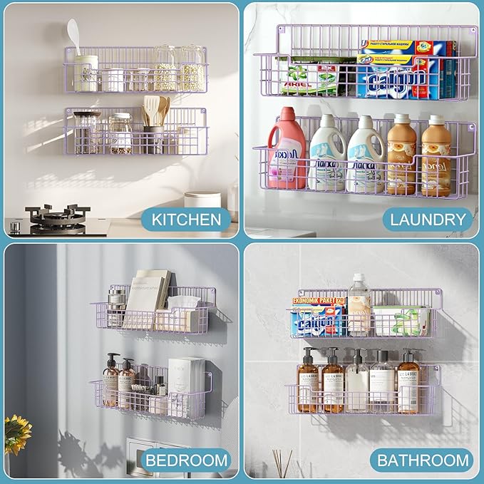 Spice Rack Wall Mount, Spice Organizer for Cabinet & Pantry Door, Set of 4 Hanging Spice Rack Saving Space for Kitchen, Purple - Image 3