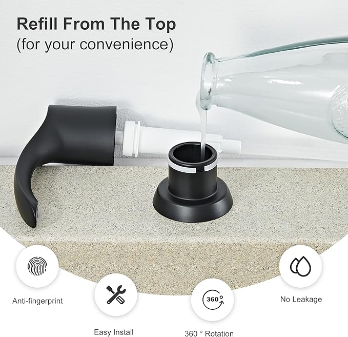 GAGALIFE Kitchen Sink Soap Dispenser with 17 Ounce Large Bottle, Built in Sink Soap Dispenser (Matte Black) Soap Dispenser for Kitchen Sink Refill from Top, G080B