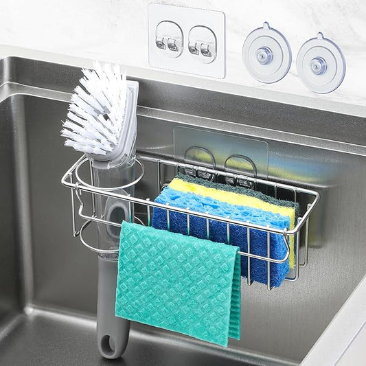3-In-1 Sponge Holder for Kitchen Sink with Suction Cups & Adhesive Hook , In-sink Sponge Holder, Wall Hanging Sink Caddy Organizer Rack - Sponge, Dish Cloth, Brush, Scrubber - 304 Stainless Steel by MakeLifeBetterEasier