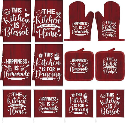 12 Pcs Farmhouse Kitchen Decor Sets 4 Red Kitchen Hand Towels 4 Dish Clothes 2 Rustic Pot Holders 2 Burgundy Oven Mitts Glove Hand Towels and Dishcloths Sets for Home Decorations Accessories Mom Gift