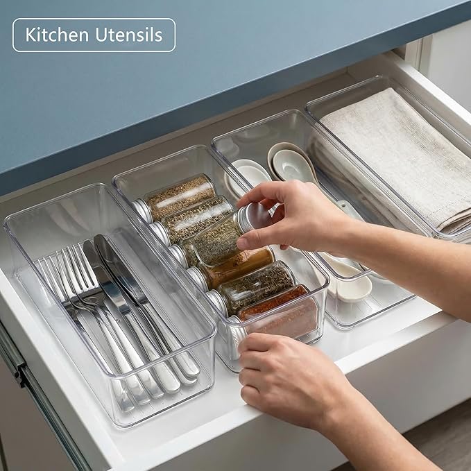 Qilinba 8 PACK Drawer Organizer Bins Bathroom Deep Drawer Silverware Organizers Clear Stackable Storage Bins for Vanity, Pantry, Office, Cabinet, Kitchen Counter Organization and Storage - Image 6