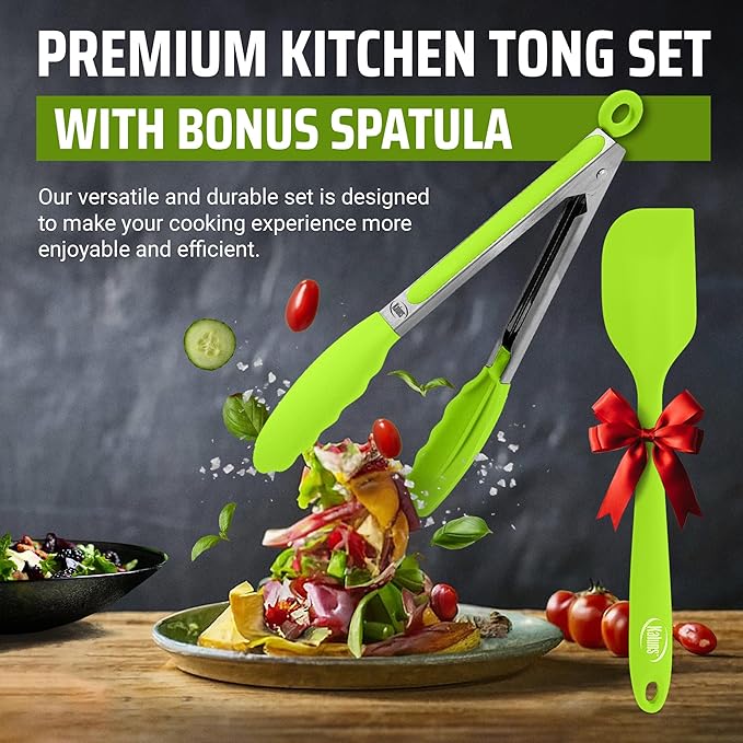Kaluns Kitchen Tongs for Cooking Grilling Set of 4, BBQ Grill Tongs With Silicone Tip Stainless Steel Heat Resistant, Non-stick Pull Lock, Incl 7, 9, 12 Inch Tong Plus a Silicone Spatula - Image 7