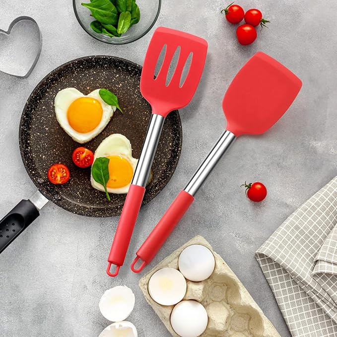 Silicone Spatula Set of 2, E-far Solid & Slotted Turner for Nonstick Cookware, Heat Resistant Rubber Kitchen Cooking Utensils for Flipping Fish Pancake Egg - Red - Image 5