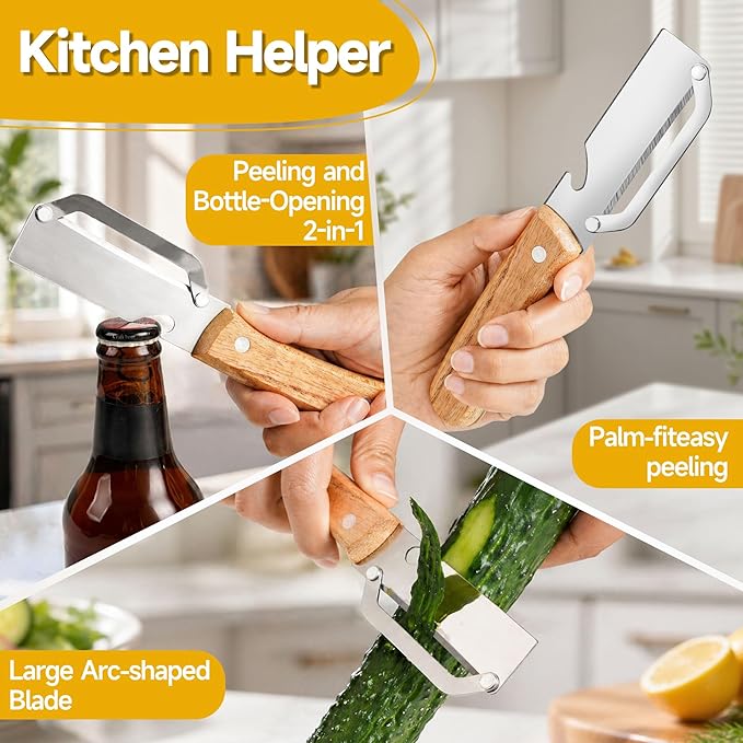 Multi-Functional Vegetable Peeler for Kitchen, 2026 New Zero Snag Wooden Kitchen Tool Ergonomic Design with Wooden Handle and Bottle Opener, Suitable for Fruits and Vegetables(1PCS)