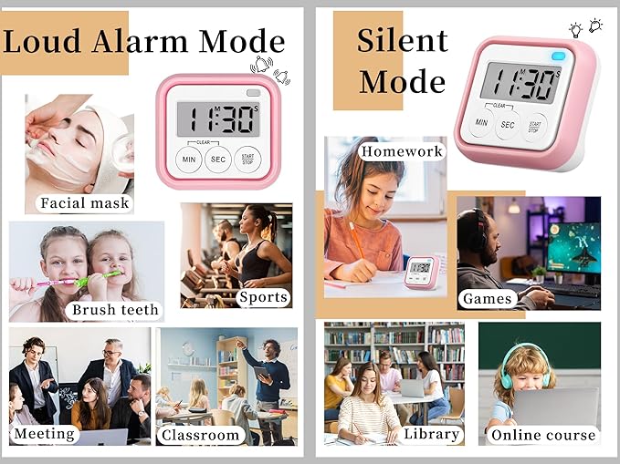 Timer, Kitchen Timers for Cooking Classroom Timer for Kids Teachers Magnetic Digital Timers 2 Pack, Pink - Image 2