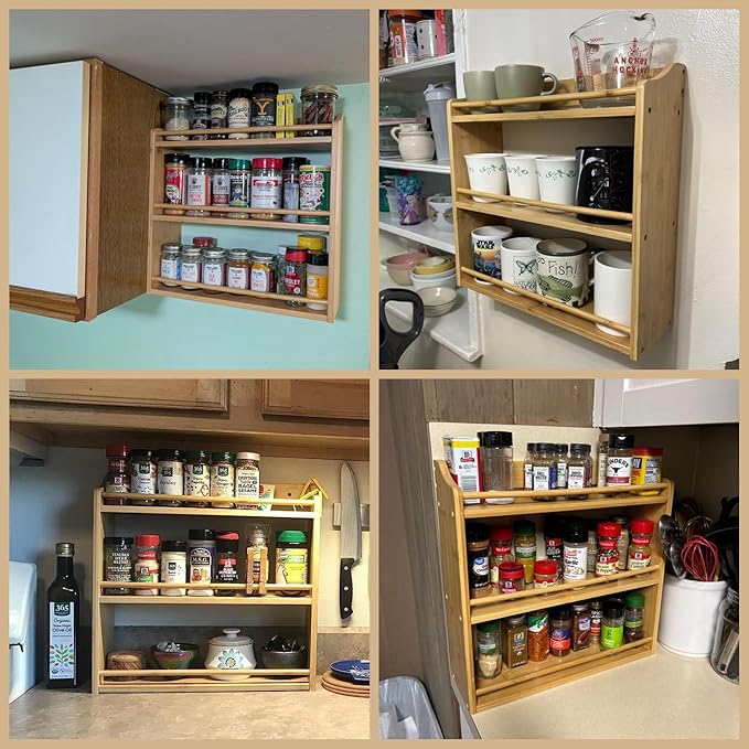 3 Tier Bamboo Spice Rack, Seasoning Jars Rack Shelf Spice Organizer for Kitchen Counter or Wall Mounting - Image 6