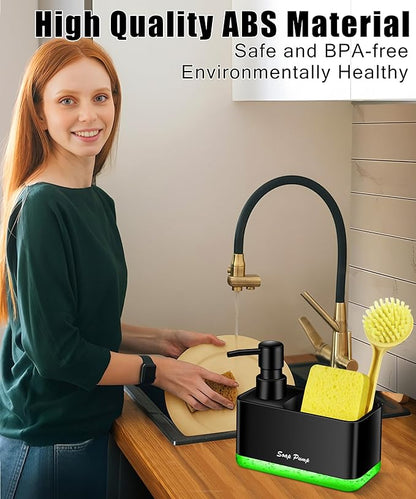 Dish Soap Dispenser with Sponge Holder, 2-in-1 Countertop Small Soap Dispenser for Kitchen and Bathroom, Multi-Scene for Dish Soap, Hand Soap, Lotion, Body Wash (Black) - Image 2