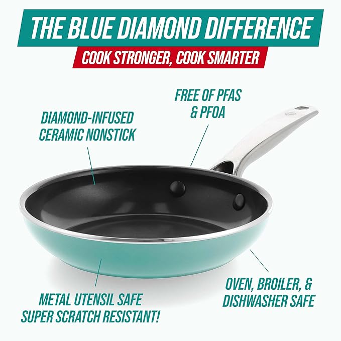 Blue Diamond 8" Nonstick Frying Pan Skillet, Diamond Infused Ceramic PFAS-Free, Dishwasher & Oven Safe, Stay Cool Handle, Durable Non Toxic Metal Utensil Safe, Egg & Omelet Pan, Turquoise - Image 3