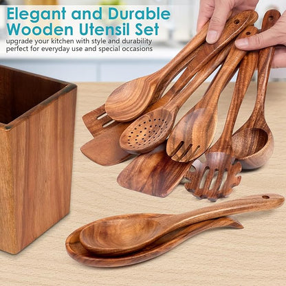 HOWHONG Wooden Spoons for Cooking, Premium Acacia Wood Kitchen Utensil Set, Handmade Wooden Utensils for Nonstick Cookware, Heat Resistant, Smooth Finish, Comfortable Grip, with Holder, Gift Ready - Image 7