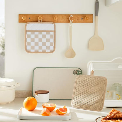 Ohocut Beige Checkered Pot Holder, Checkerboard Potholders for Kitchen, Silicone Pot Holders with Pocket for Kitchen Clearance 2 Pack Set, Hot Pads and Oven Mitts for Cooking Baking - Image 4