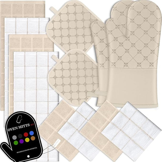 Oven Mitts Kitchen Towels Dishcloths with Pot Holders Sets 12PCS, Dish Towels Sets, Oven Gloves Pot Pads Heat Resistant 500 Degrees with Non-Slip Silicone Surface for Cooking Baking Grilling-Milkshake by BSKSSK