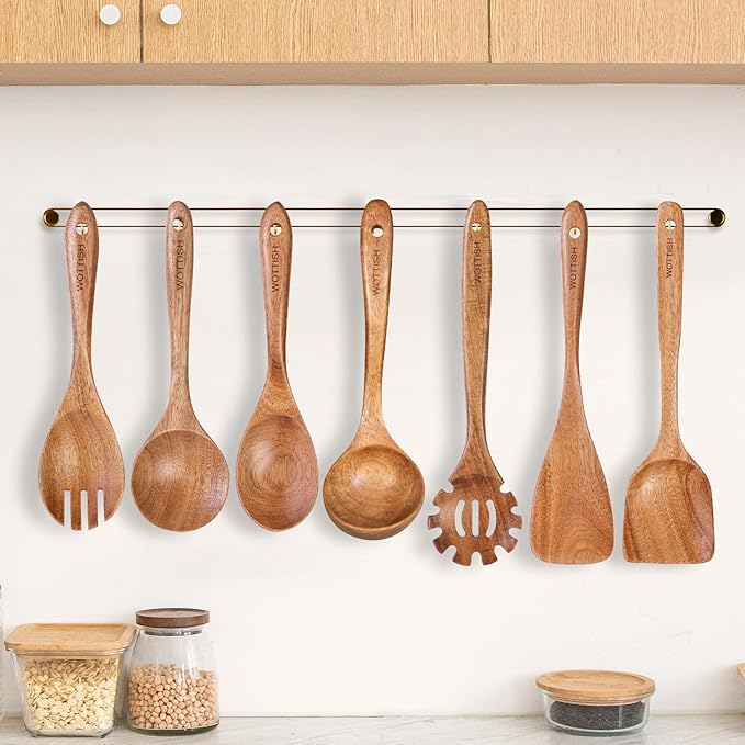 Wooden Utensil Set,WOTTISH 7Pcs Nonstick Wood Spatula,Wooden Kitchen Utensils Set Non Toxic,Wooden Spoons for Cooking（A07） - Image 7