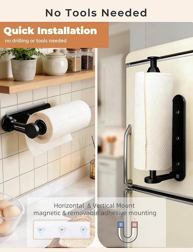 Magnetic Paper Towel Holder, One-Handed Tear Paper Towel Holder with Ratchet Mechanism, Self-Adhesive & Wall Mount, Paper Towel Holder Wall Mount for Refrigerator, Kitchen, Bathroom, Garage, Rv