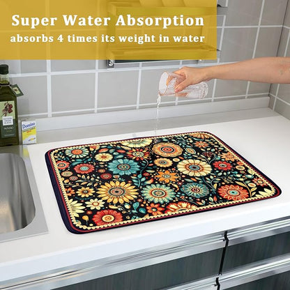 Boho Floral Dish Drying Mat for Kitchen Counter Absorbent Microfiber Flowers Drying Pad 18 X 24 In - Image 7