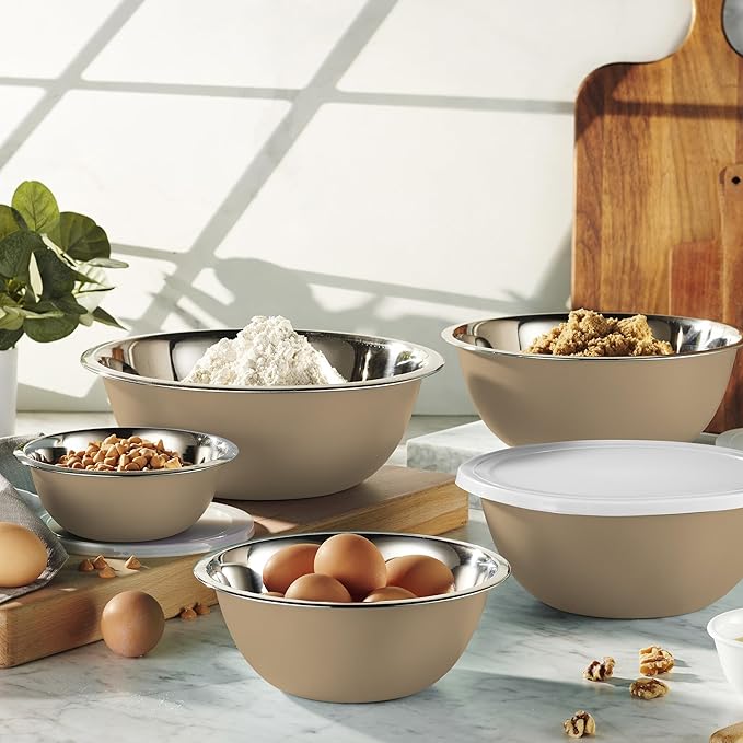 WHYSKO Stainless Steel Mixing Bowl Set, 10 Piece Stainless Steel Mixing Bowls with Lids Set for Food Prep Storage and Serving, Dishwasher Safe for Kitchen Baking Cooking, Khaki - Image 2