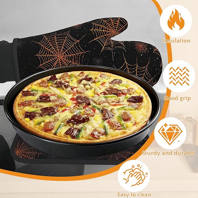 Halloween Oven Mitts and Pot Holders Set,Spider Web Kitchen Decor Heat Resistant Non Slip Hot Pads and Oven Mitt for Chef Cooking Baking BBQ Mom Girl Gifts(4 Piece Set)