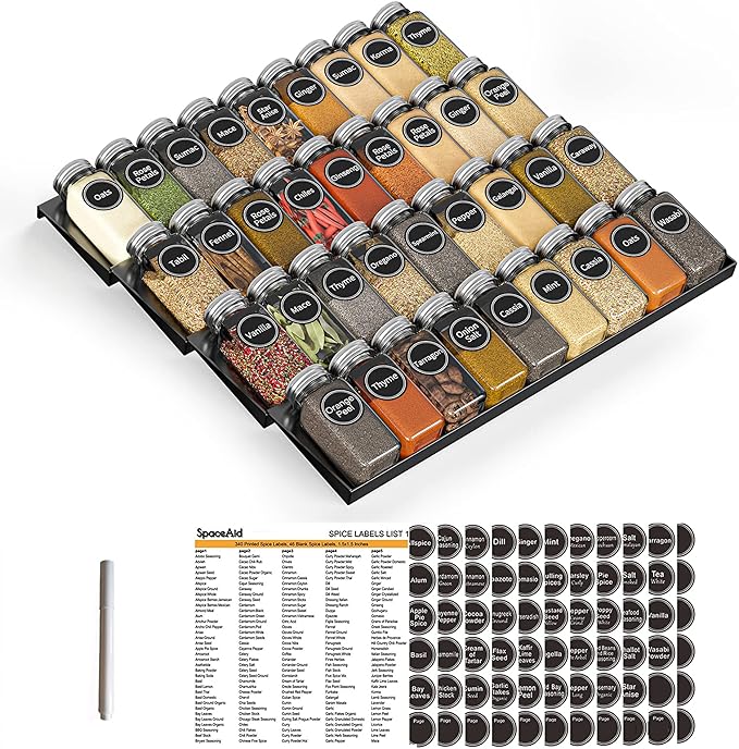 SpaceAid Spice Drawer Organizer with 36 Spice Jars, 386 Spice Labels, 4 Tier Seasoning Rack Tray Insert for Kitchen Drawers, 16.75" Wide x 17.5" Deep by SpaceAid