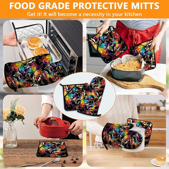 Colorful Butterfly Oven Mitts and Pot Holders Sets 4Pcs,Extra Long Oven Gloves Potholder for Kitchen Cooking Baking BBQ 100% Cotton Heat Resistant - Image 7