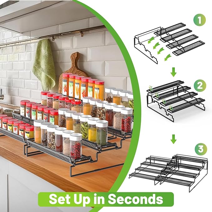 4 Tier Adjustable Spice Rack Organizer for Cabinet - Black (2 PCS S&L) Expandable Spice Shelf with Protection Railing for Inside Cabinets, Countertop, Pantry Storage & Seasoning Organization - Image 5