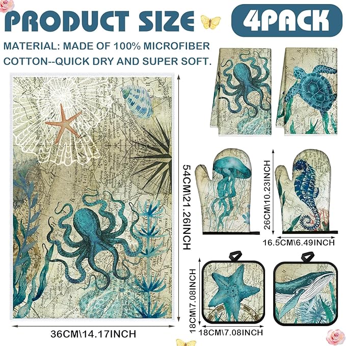 6 Pcs Sea Ocean Beach Kitchen Towels Pot Holders and Oven Mitts Set Coastal Dish Towel Ocean Animal Oven Gloves Heat Resistant Potholders for Kitchen Summer Cooking Gift - Image 3