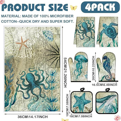 6 Pcs Sea Ocean Beach Kitchen Towels Pot Holders and Oven Mitts Set Coastal Dish Towel Ocean Animal Oven Gloves Heat Resistant Potholders for Kitchen Summer Cooking Gift - Image 3