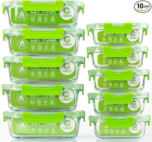 C CREST Glass Containers for Food Storage with Lids, [10-Pack] Meal Prep Containers for Kitchen, Home Use, BPA Free by CCREST
