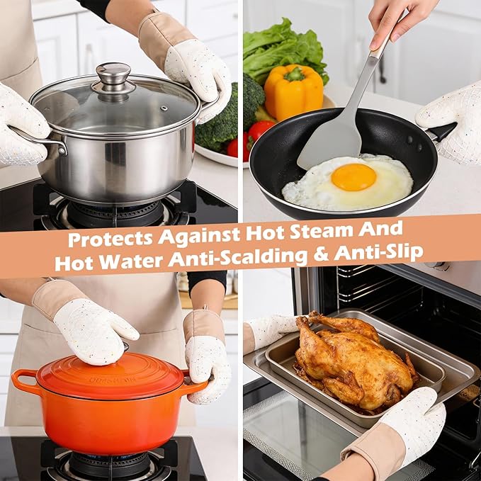 10 Pcs Kitchen Oven Mitts and Potholders Set with Hook and Oil Brush, Cooking Mittens Heat Resistant 500°F Silicone Oven Mittens for Kitchen Baking Cooking BBQ (Cream) - Image 4