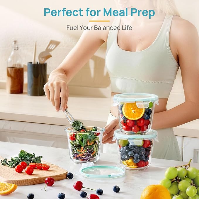 Vtopmart 5Pack 24oz Glass Storage Containers with Lids, Glass Meal Prep Food Container Sets with Snap Airtight Lids for Microwave, Oven, Freezer and Dishwasher, Green, Round - Image 3